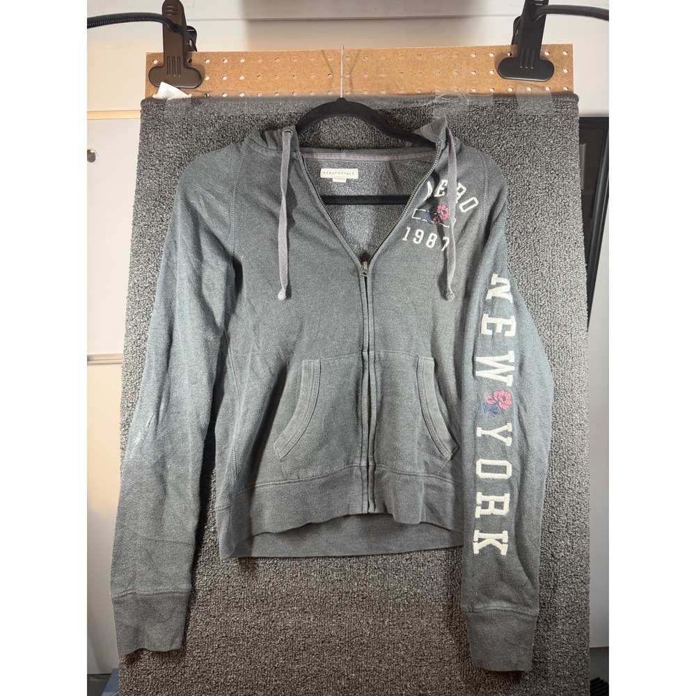 Aeropostale Zip Up Hoodie Womens XS Gray Floral Aero 1987 New York Sweatshirt